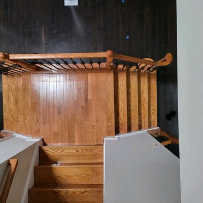 Staircase sanding and refinishing - This was a staircase and landing sanding and staining. The owner decided on a dramatic finish, and came out beautifully and smooth. The work took approximately 3-4 days.