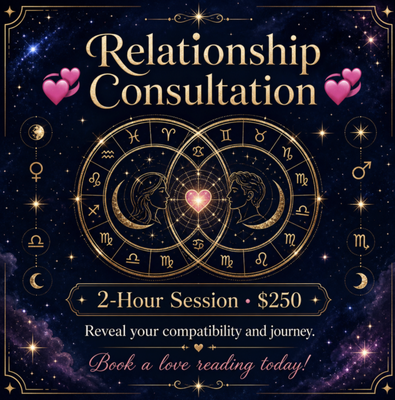 Relationship Consultation - Enhance your connections and deepen your understanding with a Relationship Consultation designed primarily for couples, but also perfect for any two people seeking insight—such as friends, siblings, or a parent and child. Ideally, both participants are present, but with permission, only one person needs to attend.
During this in-depth 2-hour session, we’ll look at each individual’s birth chart and create a “composite” chart—a unique chart that represents the relationship itself. This chart offers fascinating and powerful insights about your dynamic as a pair. We’ll compare all three charts to uncover your combined strengths, challenges, and hidden patterns. For example, you might be an Aries Sun, your partner a Gemini Sun, and your partnership could have a Scorpio Sun composite, revealing intense emotional undercurrents that may influence your relationship in surprising ways. We then focus on practical tools to create more harmony—like leaning into complementary planetary aspects, such as your Pisces Venus to their Capricorn Mars.
Whether you’re hoping to understand romantic compatibility or simply nurture a meaningful bond, you’ll leave empowered to move forward together with clarity and compassion.
Ready for clarity in love, friendship, or family? Call +18652424786 today to book your Relationship Consultation! Relationship Consultation - Enhance your connections and deepen your understanding with a Relationship Consultation designed primarily for couples, but also perfect for any two people seeking insight—such as friends, siblings, or a parent and child. Ideally, both participants are present, but with permission, only one person needs to attend.
During this in-depth 2-hour session, we’ll look at each individual’s birth chart and create a “composite” chart—a unique chart that represents the relationship itself. This chart offers fascinating and powerful insights about your dynamic as a pair. We’ll compare all three charts to uncover your combined strengths, challenges, and hidden patterns. For example, you might be an Aries Sun, your partner a Gemini Sun, and your partnership could have a Scorpio Sun composite, revealing intense emotional undercurrents that may influence your relationship in surprising ways. We then focus on practical tools to create more harmony—like leaning into complementary planetary aspects, such as your Pisces Venus to their Capricorn Mars.
Whether you’re hoping to understand romantic compatibility or simply nurture a meaningful bond, you’ll leave empowered to move forward together with clarity and compassion.
Ready for clarity in love, friendship, or family? Call +18652424786 today to book your Relationship Consultation!