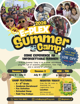 Summer Camp 2026 - Get ready for an unforgettable summer at E-Plex Summer Camp, where we blend the perfect balance of fun and learning for an enriching experience your child will cherish.
Our camp is designed to provide a 50% play, 50% academics ratio, ensuring that campers have a blast while also preparing for the upcoming school year.