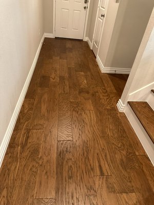 Downstairs installation of new engineered hardwood. - We demoed existing luxury vinyl plank at this customer’s house and installed new pre-engineered hardwood, including new baseboards and redid staircase, which had existing carpet Downstairs installation of new engineered hardwood. - We demoed existing luxury vinyl plank at this customer’s house and installed new pre-engineered hardwood, including new baseboards and redid staircase, which had existing carpet