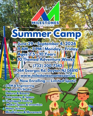SUMMER CAMP STARTS JUNE 29TH!! - Discover Summer Magic at Our Kids' Camp! 🌞

Get ready for the adventure of a lifetime! From June 29th to September 4th, our Summer Camp welcomes children ages 2.5 to 6 for a season bursting with fun, friendship, and discovery. Each week, little campers dive into hands-on art, music, movement, outdoor exploration, and creative play in a safe and nurturing environment.

Our caring, energetic staff leads age-appropriate activities—from splash days and scavenger hunts to science experiments and themed dress-up parties. Every day brings something new, fueling young imaginations and helping campers build confidence, social skills, and lasting memories.

Spaces fill up fast—don’t miss out on a summer of smiles!