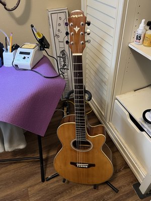 Beach guitar - This beach beater, as it was called, arrived for some major rehab. Salt air and usage was taking its toll. This was no “Hanger Queen”. Was able to bring it back for another season of fun. But, isn’t that it is for? I hope and expect it to be out there providing enjoyment instead of sitting at home.