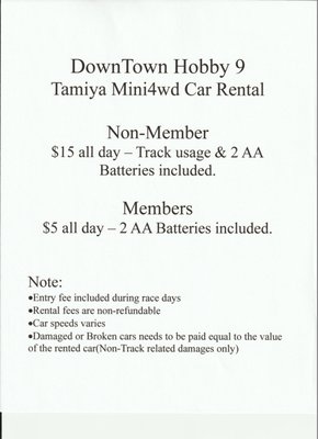Car Rental Program - We also offer car rental program for those who wants to test the hobby first before purchasing your own car or just want to try something new.