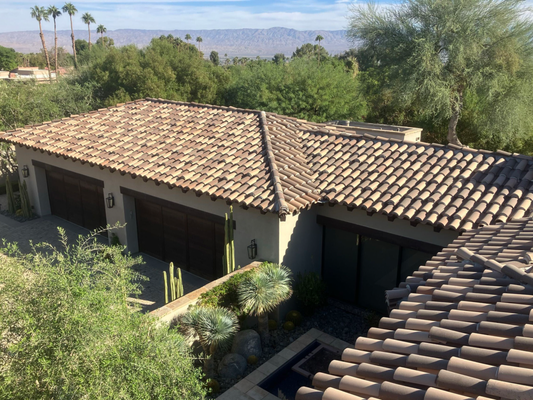 Tile Roof Repair in Palm Desert - Vision Roof Services provided all material and labor to complete the project for a local homeowner in Palm Desert, CA. Tasks for the job included:
1) Removal of all broken tiles, replaced with new to match
2) Cleaned out all valleys free from dirt and debris, then hauled away
3) Checked all drains and cleared any debris as needed
4) Applied new roof sealant to all roof pipes and flashings to make water tight
5) Applied new roof sealant to all scuppers and drains to make water tight
6) Cleaned up job site and hauled away all trash and debris Tile Roof Repair in Palm Desert - Vision Roof Services provided all material and labor to complete the project for a local homeowner in Palm Desert, CA. Tasks for the job included:
1) Removal of all broken tiles, replaced with new to match
2) Cleaned out all valleys free from dirt and debris, then hauled away
3) Checked all drains and cleared any debris as needed
4) Applied new roof sealant to all roof pipes and flashings to make water tight
5) Applied new roof sealant to all scuppers and drains to make water tight
6) Cleaned up job site and hauled away all trash and debris