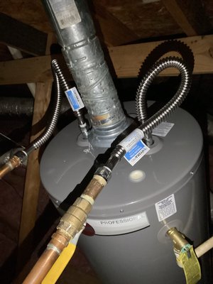 50-Gallon Gas Water Heater Replacement in Two-Story Home – [Katy, TX] - Problem / Customer Need:
The homeowner called after their existing 40-gallon tank failed and began leaking. The unit was over 12 years old and no longer meeting the household’s hot water demands. They needed a fast replacement to restore reliable hot water.

Scope of Work:
Drained and removed failed 40-gallon water heater. 
Installed new 50-gallon gas water heater. 
Replaced water supply lines and shutoff valve. 
Updated gas flex line and sediment trap. 
Brought venting system up to current code. 
Installed expansion tank. 
Tested for leaks and verified burner operation.