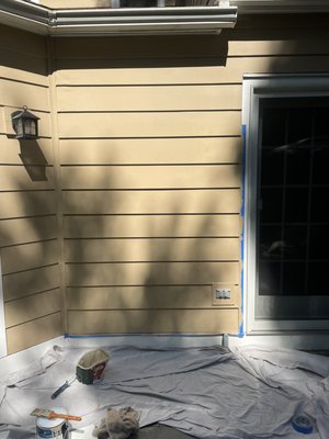 Siding Replacement - This repair was done on the exterior siding. The rain water would bounce off the patio and sit on the wall, eventually penetrating the original wood and rotting it. We replaced the damaged siding boards with new rot resistant PVC siding boards and painted. The customer was very pleased when he seen the finished work, texting me “Just home, looks beautiful Calvin, thank you!”. Siding Replacement - This repair was done on the exterior siding. The rain water would bounce off the patio and sit on the wall, eventually penetrating the original wood and rotting it. We replaced the damaged siding boards with new rot resistant PVC siding boards and painted. The customer was very pleased when he seen the finished work, texting me “Just home, looks beautiful Calvin, thank you!”.