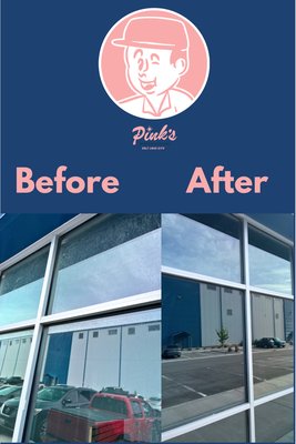 Spotless Standards: Large-Scale Commercial Completion - We recently completed a full exterior window cleaning for a large commercial property featuring a mix of retail storefronts, professional offices across two levels, and a warehouse space in the rear. Many of the windows still had original manufacturer stickers and years of built-up hard water staining. Our team meticulously removed all stickers and restored the glass, removing the mineral buildup and bringing clarity and shine back to every window. The result: a refreshed, professional appearance that enhances curb appeal and reflects the high standards of the businesses inside.