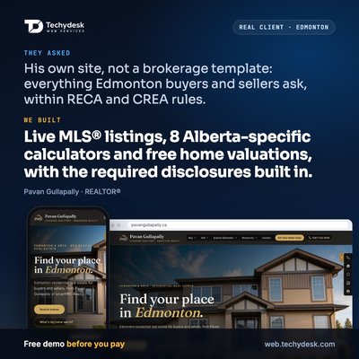 Real Estate Website: Pavan Gullapally, REALTOR® - ABOUT THE CLIENT
Pavan Gullapally is a licensed residential REALTOR® with smartPRO Realty, serving buyers and sellers in Edmonton, Sherwood Park, St. Albert, Spruce Grove and the surrounding communities.

WHAT THE CLIENT ASKED FOR
A website of his own rather than a brokerage template page: built around how Pavan works, answering what Edmonton buyers and sellers actually ask, and staying within RECA and CREA advertising rules.

WHAT WE BUILT
- First, a landing page live within days, so buyers and sellers could reach him straight away while the full site was built
- Live MLS® listings across Edmonton and area (thousands of homes, via CREA's DDF®) on a map with filters for city, home type, bedrooms, bathrooms, price and size, with his own listings shown first, plus a recently sold page
- A free "What's my home worth?" request: sellers share their address and home details, and get a personalised market analysis, with a clear note that it is not an appraisal
- Buyer and seller guides (first-time buyers, making an offer, closing costs, pre-approval, a finance glossary, and a four-step selling process)
- A detailed buyer intake: budget, areas, home type, must-haves and deal-breakers, new-construction preferences and timing, so Pavan can match listings before the first call
- Eight Alberta-specific calculators: mortgage, affordability, CMHC insurance, Alberta closing costs (no land transfer tax; Land Titles fees with sources and dates), Edmonton property tax, property insurance, rent vs buy and seller net proceeds
- Community guides for Edmonton, Sherwood Park, St. Albert and Spruce Grove, and a market-insights blog with email sign-up
- Required notices built in: CREA trademark and listing-data notices, a RECA licence-lookup link, and separate consent checkboxes for contact and marketing emails

HOW IT WORKS
Buyers: search live listings on the map, run the numbers in the calculators, then send the buyer intake. Pavan gets a full brief and comes back with homes that fit, plus alerts when new ones list.
Sellers: request a free home valuation with a few property details, read the selling guide and estimate net proceeds. Pavan prepares the market analysis and follows up with no pressure.
Everyone can call, text or WhatsApp Pavan from any page.

WHY IT'S DIFFERENT
Most agents get a profile page on their brokerage's website, with generic calculators and listings that send visitors away to other sites. This is Pavan's own brand on his own domain, with the listings and the Alberta numbers on his site.

CAPABILITIES
Live MLS® listing search with map · lead intake forms · home valuation requests · Alberta-specific calculators · compliance notices · local SEO community pages · mobile-first design

See it live: pavangullapally.ca