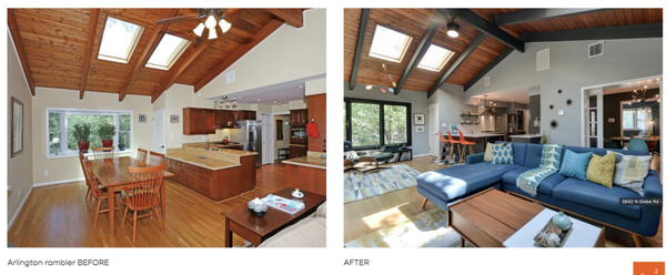 Glebe Rambler turned midcentury modern dream - This was a complete remodel of an old, tired 1950's rambler that had been renovated poorly in the 80's and was orange on orange on yellow on orange. The ceiling beams were begging to be highlighted, and it cooled down the whole room and made it a gorgeous palette for bright, midcentury-modern design that carried through to the rest of the house