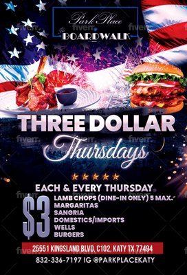 $3 Thursdays at Park Place - Visit us each and every Thursday for our $3 Lamb Chop Special.  Lamb Chops are $3 each and order as many as 5 at a time.

Other specials on our $3 Thursday Menu include:
- 6 oz Prime Beef Hamburger
- Margaritas
- Beers (domestic and import)
- Sangria
