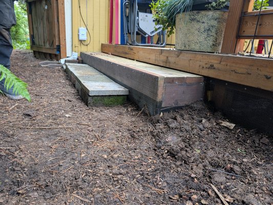 Trench and screen deck - This was done on a large porch that was covering and old patio in some places. Galvanized hardware cloth used to keep rats from under the porch and ultimately out of the house as well. Fastened to concrete where needed. Trench and screen deck - This was done on a large porch that was covering and old patio in some places. Galvanized hardware cloth used to keep rats from under the porch and ultimately out of the house as well. Fastened to concrete where needed.