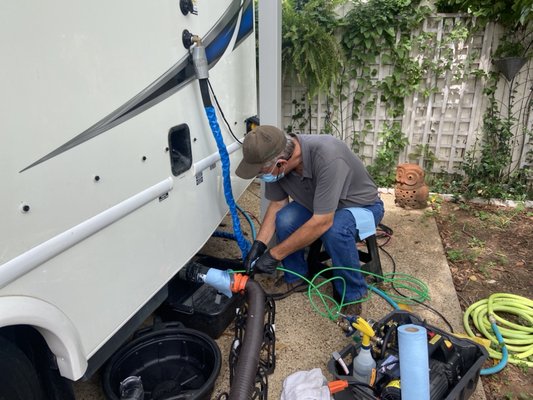 Holding Tank Cleaning - “Sensors reading full when your tank is empty?  Tanks not draining properly or have nasty odors in your rv?  Is your tank clogged or plugged up? It’s recommended to have your tanks cleaned once a year.  When was the last time you had your’s cleaned? Book your appointment today!” 

Our services require that you have full hookups available (water, electric and sewer).