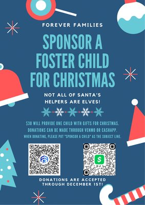 Sponsor a Foster Child for Christmas - Are you looking for ways to donate for the holidays? Your contribution of $30 will allow one child in the foster care system to have gifts for Christmas! Sponsor a Foster Child for Christmas - Are you looking for ways to donate for the holidays? Your contribution of $30 will allow one child in the foster care system to have gifts for Christmas!