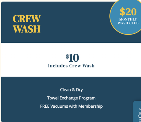 Crew Wash - $10 Single Wash | $20 Monthly Membership