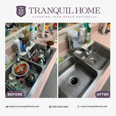 ✨ Kitchen Glow-Up: Eco-Friendly Cleaning Transformation ✨ - At Tranquil Home, we turn messy kitchens into sparkling, fresh spaces — without harsh chemicals 🌱. From sinks piled high with dishes 🍽 to ovens coated in grease 🍕, our eco-friendly cleaning experts make your kitchen shine ✨.

We deep clean sinks, scrub stovetops, banish oven grime, refresh countertops, and leave every corner spotless — all with non-toxic, sustainable products that are safe for your family, pets, and the planet 🐾💚.

Serving San Diego and surrounding areas, we’re your go-to for professional, natural home cleaning services — including housekeeping 🏡, carpet cleaning 🧼, tile & grout ✨, windows 🪟, and more!