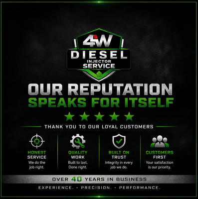 ⭐ Trusted Diesel Repair-Word Gets Around - Customers keep coming back to 4W Diesel Injector Service LLC because results and honest service speak for themselves. With 40 years in the industry, our reputation is built on long-term relationships, real results, and trucks that run strong. Local drivers, business owners, and fleet managers recommend us for our experience, transparency, and the pride we put into every repair.
See why so many across Springdale rely on us when it matters most.

Call (479) 750-4470 to experience the service everyone’s talking about.