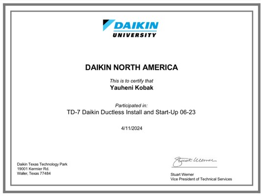 Daikin Certification - We are proud to be Daikin certified mini split, FIT and VRV systems installer and service/repair company Daikin Certification - We are proud to be Daikin certified mini split, FIT and VRV systems installer and service/repair company
