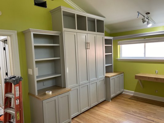 Refreshing look to an old room! - One of my favorite projects ever! The walls and ceilings had heavy outdated texture on them. With LOTS of sanding and even more floating with Sheetrock compound, we eliminated the texture and made walls and ceilings smooth! The cabinetry speaks for itself and the added stain accents tied the room together. Refreshing look to an old room! - One of my favorite projects ever! The walls and ceilings had heavy outdated texture on them. With LOTS of sanding and even more floating with Sheetrock compound, we eliminated the texture and made walls and ceilings smooth! The cabinetry speaks for itself and the added stain accents tied the room together.