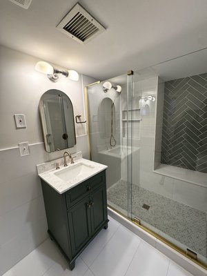 Shower Remodel - We removed an old leaking shower and complete resigned and laid new porcelain tile through out! Shower Remodel - We removed an old leaking shower and complete resigned and laid new porcelain tile through out!
