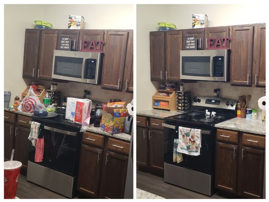 Kitchen Countertop Reset - This kitchen reset focused on restoring functionality and visual calm to a heavily used cooking space. The countertops were cluttered with groceries, food packaging, dishes, and small appliances, making the area difficult to use and visually overwhelming.
The Reset Crew cleared all surfaces, sorted and relocated items to their proper storage areas, and removed trash and unnecessary packaging. Surfaces were then wiped down and sanitized, and frequently used kitchen items were intentionally placed to keep the space both practical and tidy.
The result is a clean, organized cooking area with clear countertops, improved accessibility, and a much more inviting environment for everyday use. Kitchen Countertop Reset - This kitchen reset focused on restoring functionality and visual calm to a heavily used cooking space. The countertops were cluttered with groceries, food packaging, dishes, and small appliances, making the area difficult to use and visually overwhelming.
The Reset Crew cleared all surfaces, sorted and relocated items to their proper storage areas, and removed trash and unnecessary packaging. Surfaces were then wiped down and sanitized, and frequently used kitchen items were intentionally placed to keep the space both practical and tidy.
The result is a clean, organized cooking area with clear countertops, improved accessibility, and a much more inviting environment for everyday use.