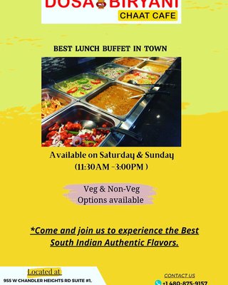 Lunch Buffet - Lunch buffet on Saturday and Sunday.
Live Pani poori on Weekends 6PM to 9PM.
We offer catering services, on site Dosa, Pani poori and many more Lunch Buffet - Lunch buffet on Saturday and Sunday.
Live Pani poori on Weekends 6PM to 9PM.
We offer catering services, on site Dosa, Pani poori and many more