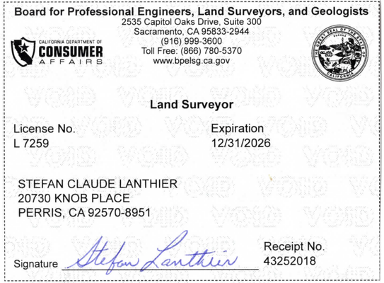 Built on Trust: Licensed, Bonded & Insured - About Us - Built on Trust: Licensed, Bonded and Insured
Cornerstone Land Surveying, Inc. is a highly motivated, licensed, and insured Surveying Small Business (SB) located in Corona, California.
Cornerstone prides itself on being a knowledgeable and experienced team player and can provide services in all aspects of surveying. Our staff includes Three (3) Licensed Surveyors with over 75 years of in-depth experience with both development and capital improvement projects.
Cornerstone uses state of the art Trimble Robotic and Trimble GPS equipment that will efficiently and cost effectively complete your survey project. Cornerstone will exceed your expectations and will deliver unique, cost effective and expedient surveying solutions.
Please view our Land Surveyor, Civil Engineer, and FAA Licenses in our Portfolio. We are insured and bonded with $1,000,000 liability insurance.
Ready to discuss your surveying and monitoring needs? Call us today at +19517360200 to speak with our experienced team and get started on your project! Built on Trust: Licensed, Bonded & Insured - About Us - Built on Trust: Licensed, Bonded and Insured
Cornerstone Land Surveying, Inc. is a highly motivated, licensed, and insured Surveying Small Business (SB) located in Corona, California.
Cornerstone prides itself on being a knowledgeable and experienced team player and can provide services in all aspects of surveying. Our staff includes Three (3) Licensed Surveyors with over 75 years of in-depth experience with both development and capital improvement projects.
Cornerstone uses state of the art Trimble Robotic and Trimble GPS equipment that will efficiently and cost effectively complete your survey project. Cornerstone will exceed your expectations and will deliver unique, cost effective and expedient surveying solutions.
Please view our Land Surveyor, Civil Engineer, and FAA Licenses in our Portfolio. We are insured and bonded with $1,000,000 liability insurance.
Ready to discuss your surveying and monitoring needs? Call us today at +19517360200 to speak with our experienced team and get started on your project!
