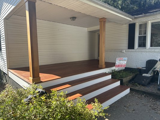 Renovation os porch in Little Silver, NJ - On this project are replaced all horizontals of porch floor and stair treads using 5/4 mahogany boards. Replacement of fascia boards and stair risers. Replacement of columns, wrapped with clear cedar. Renovation os porch in Little Silver, NJ - On this project are replaced all horizontals of porch floor and stair treads using 5/4 mahogany boards. Replacement of fascia boards and stair risers. Replacement of columns, wrapped with clear cedar.
