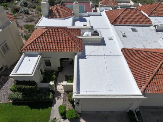 Recoat and Tile Repair - This roof was completed in April of 2026. Long time customer calls in every year to get a roof inspection and has been getting roof maintenance on her roof every 5 years to protect the Polyurethane Foam Roof System. Customer also had broken tile replace to protect the underlayment from deteriorating from the UV Rays of the sun. Recoat and Tile Repair - This roof was completed in April of 2026. Long time customer calls in every year to get a roof inspection and has been getting roof maintenance on her roof every 5 years to protect the Polyurethane Foam Roof System. Customer also had broken tile replace to protect the underlayment from deteriorating from the UV Rays of the sun.
