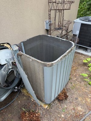 Condenser coil cleaning done right — not just a hose rinse - Homeowner called in with the classic complaint: the AC runs all day and the house never really gets cool. No refrigerant leak, no failed part — the outdoor condenser coil was completely packed with dirt and yard debris.
Most people spray the outside of the unit with a garden hose. That pushes the dirt deeper into the fins. The right way is to open the unit up, pull the fan and top panel, and clean the coil from the inside out so the debris comes out the way it came in.
That's what we did here — full teardown, coil cleaned with a proper cleaner, bent fins combed straight, base pan cleared, unit reassembled and tested.
Result: better airflow, lower amp draw, lower power bill, and a compressor that isn't cooking itself every time it runs. Condenser coil cleaning done right — not just a hose rinse - Homeowner called in with the classic complaint: the AC runs all day and the house never really gets cool. No refrigerant leak, no failed part — the outdoor condenser coil was completely packed with dirt and yard debris.
Most people spray the outside of the unit with a garden hose. That pushes the dirt deeper into the fins. The right way is to open the unit up, pull the fan and top panel, and clean the coil from the inside out so the debris comes out the way it came in.
That's what we did here — full teardown, coil cleaned with a proper cleaner, bent fins combed straight, base pan cleared, unit reassembled and tested.
Result: better airflow, lower amp draw, lower power bill, and a compressor that isn't cooking itself every time it runs.