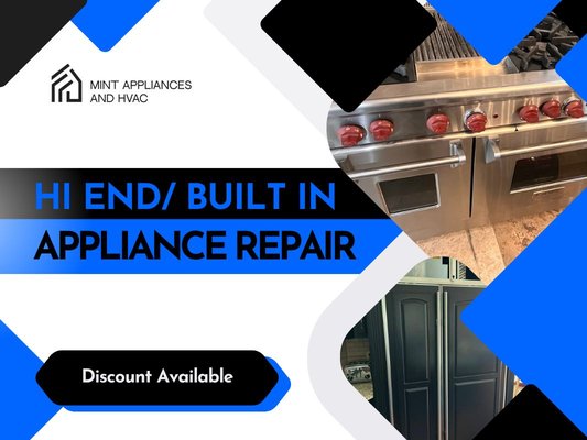 Hi End/ Built In Appliance Repair - Is your oven not heating evenly? Temperature fluctuating? Self-cleaning cycle on the fritz? The oven repair experts at Mint appliances and HVAC have your back. We specialize in diagnosing and resolving common oven issues like faulty heating elements, thermostat malfunctions, and control board problems.
Efficiency is our top priority, but we never sacrifice quality work. What sets us apart? We arrive and perform same day repairs 80% of the time. We always have the most popular parts in stock, and we can perform repairs on the spot as soon as the customer confirms the estimate. Our technicians have a lot of experience in this field, about 12 years. And we understand all brands.
The best part? Most importantly, our prices are unbeatable. New customers receive a 10% discount on their first service. Older customers get a 15% discount. Veterans and retirees receive an additional 15% discount on all services
Don't let oven issues disrupt your routine. Contact Mint appliances and HVAC for reliable, customer-focused oven repair that gets your kitchen cooking again in no time! Hi End/ Built In Appliance Repair - Is your oven not heating evenly? Temperature fluctuating? Self-cleaning cycle on the fritz? The oven repair experts at Mint appliances and HVAC have your back. We specialize in diagnosing and resolving common oven issues like faulty heating elements, thermostat malfunctions, and control board problems.
Efficiency is our top priority, but we never sacrifice quality work. What sets us apart? We arrive and perform same day repairs 80% of the time. We always have the most popular parts in stock, and we can perform repairs on the spot as soon as the customer confirms the estimate. Our technicians have a lot of experience in this field, about 12 years. And we understand all brands.
The best part? Most importantly, our prices are unbeatable. New customers receive a 10% discount on their first service. Older customers get a 15% discount. Veterans and retirees receive an additional 15% discount on all services
Don't let oven issues disrupt your routine. Contact Mint appliances and HVAC for reliable, customer-focused oven repair that gets your kitchen cooking again in no time!