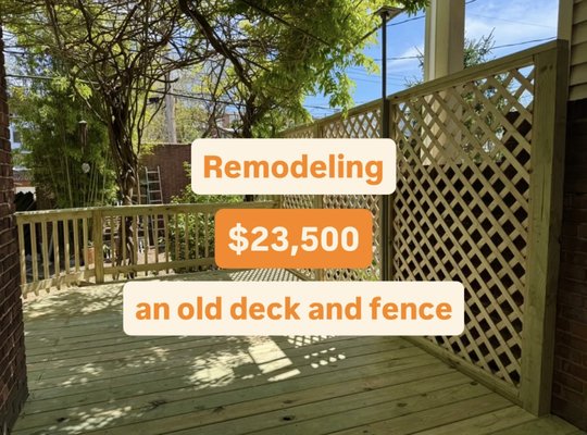 Remodeling an old deck and fence - The challenge was to get the space outside the house ready to sell. Therefore, it was necessary to redo the old deck and completely replace the old crumbling fence.

We completely removed the old decking, redid the steps, and made new rails that meet codes. The old fence was completely removed, new posts were installed, and then a new fence with this unusual shape. Boards of different widths were used to make the fence look nice.