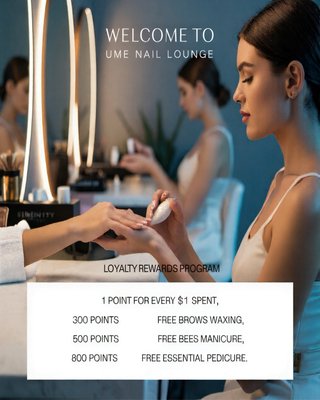 Loyalty Rewards Program - 1 POINT FOR EVERY $1 SPENT,
300 POINTS - FREE BROWS WAXING
500 POINTS - FREE BEES MANICURE
800 POINTS - FREE ESSENTIAL PEDICURE Loyalty Rewards Program - 1 POINT FOR EVERY $1 SPENT,
300 POINTS - FREE BROWS WAXING
500 POINTS - FREE BEES MANICURE
800 POINTS - FREE ESSENTIAL PEDICURE