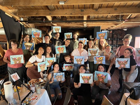 Wild Brushes Paint Parties - Wild Brushes is a completely mobile paint party business! These classes can be taught pretty much anywhere you have table space, seating, and running water in the greater Los Angeles area (and A/C during the hot months)! Pubs, coffee shops, schools, markets, or even the comfort of your own home. The only thing I require is for you to secure the space and Wild Brushes will do the rest!

Feel free to contact me with the date you were contemplating and how many members are in your party (minimum is 8 painters, maximum of 24). The cost per person is $40. Birthday parties, work parties, bachelorette parties, etc. are all fair game! You are welcome to choose from my catalogue of designs, or for an additional $50, I will happily work with you on creating a design that is uniquely yours!