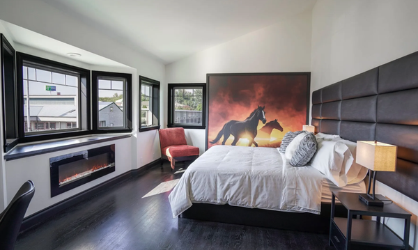 Room 201 - King Bed - Sleeps 2 - - One King Bed
- Luxury Bath/Dressing area that includes Oversized Shower with Rain Head and Bench
- 50” 4K Smart TV
- In-Room Refrigerator w/Freezer / Microwave / Coffee Machine / Safe / Ice Bucket
- Black-Out Blinds + Desk
- All rooms include free high-speed internet + individual vented & controlled A/C & Heat Room 201 - King Bed - Sleeps 2 - - One King Bed
- Luxury Bath/Dressing area that includes Oversized Shower with Rain Head and Bench
- 50” 4K Smart TV
- In-Room Refrigerator w/Freezer / Microwave / Coffee Machine / Safe / Ice Bucket
- Black-Out Blinds + Desk
- All rooms include free high-speed internet + individual vented & controlled A/C & Heat