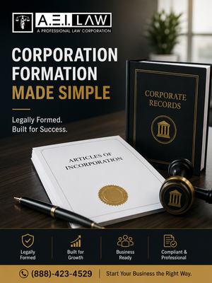 Company Formation - Corporation - 1. Corporation Formation:
- File articles of incorporation and pay the Secretary of State (“SoS”) fee;
- File the first statement of information and pay the SoS fee;
- Purchase one year of registered agent services from Registered Agents, Inc.
2. Provide Corporation Startup Documents:
- Corporation Bylaws;
- Resignation of incorporator;
- Consent of shareholders/directors organizational document (i.e., first meeting);
- First meeting of shareholder(s) appointing director(s)
- A shareholder ledger; and
- A bank resolution and meeting minutes form.
3. EIN Obtainment from the IRS.
4. Company Kit (Book, Seal & Certificates).
5. Business License:
- Our law office will provide guidance on obtaining a business license, i.e., send you a link and answer questions.
6. “S” Election: Fill out form 2553 for S election with the IRS and submit it to the IRS for you.
7. Seller's Permit:
- Our law office will send you a link to obtain your seller's permit if you need one. Company Formation - Corporation - 1. Corporation Formation:
- File articles of incorporation and pay the Secretary of State (“SoS”) fee;
- File the first statement of information and pay the SoS fee;
- Purchase one year of registered agent services from Registered Agents, Inc.
2. Provide Corporation Startup Documents:
- Corporation Bylaws;
- Resignation of incorporator;
- Consent of shareholders/directors organizational document (i.e., first meeting);
- First meeting of shareholder(s) appointing director(s)
- A shareholder ledger; and
- A bank resolution and meeting minutes form.
3. EIN Obtainment from the IRS.
4. Company Kit (Book, Seal & Certificates).
5. Business License:
- Our law office will provide guidance on obtaining a business license, i.e., send you a link and answer questions.
6. “S” Election: Fill out form 2553 for S election with the IRS and submit it to the IRS for you.
7. Seller's Permit:
- Our law office will send you a link to obtain your seller's permit if you need one.