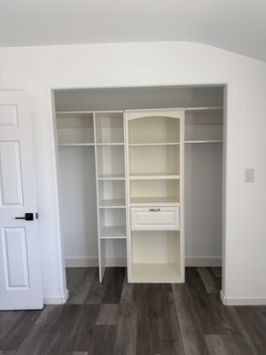 Custom Closet installation - Customer chose a Lowe’s closet system, and we added custom 3/4” melamine shelving to match the layout of his previous closet. Custom Closet installation - Customer chose a Lowe’s closet system, and we added custom 3/4” melamine shelving to match the layout of his previous closet.