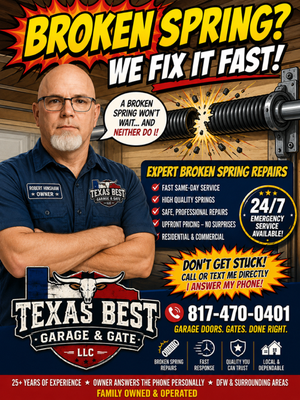 Garage Door Spring Repair - Trusted Garage Door & Gate Professionals
Serving the Entire DFW Metroplex
Garage Door & Gate Repair and Installation Experts — Fast Service, Local Technicians, Guaranteed Results. Garage Door Spring Repair - Trusted Garage Door & Gate Professionals
Serving the Entire DFW Metroplex
Garage Door & Gate Repair and Installation Experts — Fast Service, Local Technicians, Guaranteed Results.