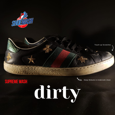 Gucci Kicks - Touch up scratches on the front of the shoe, toe box reshaping, Mid-sole deep cleaning, insole sanitation and smell removal, lace cleaning, Shoe cleaning Gucci Kicks - Touch up scratches on the front of the shoe, toe box reshaping, Mid-sole deep cleaning, insole sanitation and smell removal, lace cleaning, Shoe cleaning