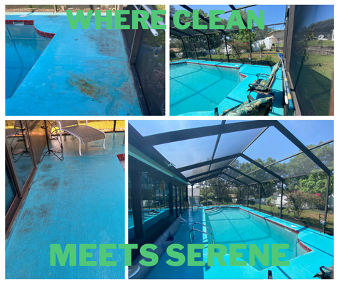 Pool Area Restoration - This restoration was done in Citrus County where the screens were saturated with pollen and dirt from over the years as well as the railings and the painted pool deck. This client had areas of ponding which led to those dark unsightly spots you can see in the photos. A couple of hours of cleaning with a couple tricks to get rid of the grime and the pool is sparkling clean again. If you have a house or business that needs cleaning, we can not only handle the interior but we have you covered on the exterior as well ! Pool Area Restoration - This restoration was done in Citrus County where the screens were saturated with pollen and dirt from over the years as well as the railings and the painted pool deck. This client had areas of ponding which led to those dark unsightly spots you can see in the photos. A couple of hours of cleaning with a couple tricks to get rid of the grime and the pool is sparkling clean again. If you have a house or business that needs cleaning, we can not only handle the interior but we have you covered on the exterior as well !