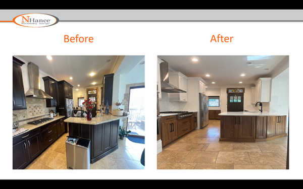 Reface, Refinish, Replace - This Kitchen was too dark but the client had a vision.  We Refaced the lower cabinets in Walnut, lowered the 2-tier island to counter height and sprayed the upper cabinets to a beautiful shade of white.   All for over half the price of replacement.