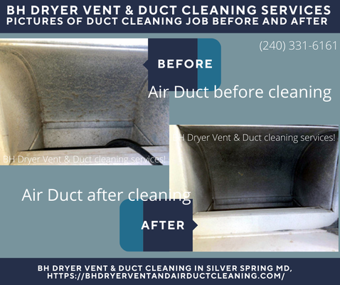 Before and after air duct cleaning job at Takoma Washington DC - Do you experience the ill effects of allergic reactions? Are there bad scents in your home from smoking or pets? Have you as of late redesigned or remodeled your home? Assuming this is the case, you are breathing in a huge number of microorganisms, dust, and dirt particles that have been flowing in your air ducts. That is the reason the experts at Bright Homes Dryer Vent & Duct cleaning services are here to help.
As per The American Lung Association, most people spend almost 90% of their time indoors. Therefore, we have made it our goal to improve the air quality in your homes by offering residential air duct cleaning services. We will clean your air ducts so you and your family can breathe easily.
An expert residential duct cleaning from the expert at specialists at BH Dryer Vent & Duct Cleaning services will give you:

Cleaner air for yourself as well as your family
Less dust in your home 
Alleviation from side effects identified with poor air quality
Extended productivity in your air cooling system