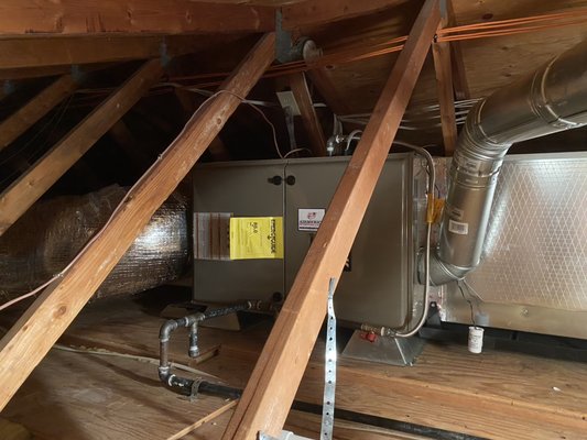 Relocation from closet to attic - This project was done due to customer adding an addition to their Home creating two new rooms and a bathroom. Customer also wanted an open concept in their existing living room, so the Furnace closet￼ was removed and furnace/evaporator coil were relocated into attic space with a new platform￼ giving them more space in their living room. Due to their home Expanding a little they also needed an affordable upgrade to incise the size of their furnace and AC, so we presented a Luxair 15seer.￼￼￼￼￼