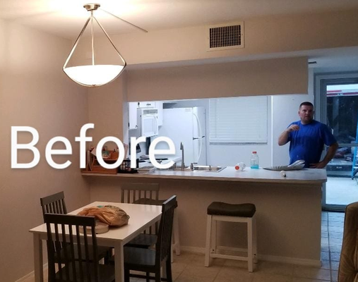 Kitchen Remodel - This was a tiny kitchen remodel in a condo. We were able to create the open concept feel by removing the upper cabinets over the sink, replacing all of the cabinets, counters and appliances and added lighting to brighten the place up.