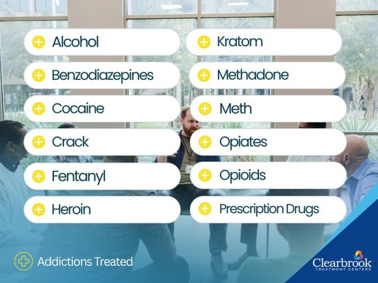 Addictions Treated - At Clearbrook Pennsylvania, we provide treatment for a wide range of substance use disorders, including alcohol, opioids, fentanyl, heroin, cocaine, methamphetamine, benzodiazepines, prescription drugs, and other substances. Our approach focuses on each individual’s unique needs, with personalized treatment designed to address substance use, underlying challenges, and the skills needed to support lasting recovery. Depending on individual needs and the level of care available, treatment may include medical support, therapy, relapse prevention, and ongoing recovery services.