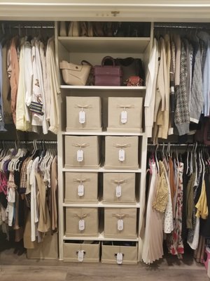 master closets - lots of open shelving made this closet difficult to maintain with all the folded clothing. Once we added in some bins and lables so they knew where it all went my client was so happy! we were also able to reorganize his wifes closet, move over her purses, and give them both their own spaces. I think it turned out so beautifully!
The wifes closet, pictured second, is now much easier for her to maintain. She folds beautifully but it would all come undone each time she pulled something from the stack. Now with bins she can use them like drawers but with the benifit that she can take a bin with her when she's folding and putting away the laundry! master closets - lots of open shelving made this closet difficult to maintain with all the folded clothing. Once we added in some bins and lables so they knew where it all went my client was so happy! we were also able to reorganize his wifes closet, move over her purses, and give them both their own spaces. I think it turned out so beautifully!
The wifes closet, pictured second, is now much easier for her to maintain. She folds beautifully but it would all come undone each time she pulled something from the stack. Now with bins she can use them like drawers but with the benifit that she can take a bin with her when she's folding and putting away the laundry!