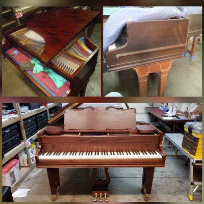 Piano Restorations - This piano was picked up from southern California for a complete restoration. The body and legs were completely stripped and redone. The soundboard had cracks and liquid damage that was sanded and filled. The harp was stained, chipped,and required cleaning and a new finish. After everything is restored, velvet was relaid, decals were placed and then it was restrung with new strings, regulated and tuned. Piano Restorations - This piano was picked up from southern California for a complete restoration. The body and legs were completely stripped and redone. The soundboard had cracks and liquid damage that was sanded and filled. The harp was stained, chipped,and required cleaning and a new finish. After everything is restored, velvet was relaid, decals were placed and then it was restrung with new strings, regulated and tuned.