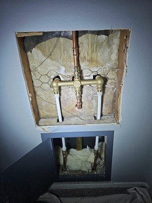 3 handle shower valve installation - We first performed a thorough leak detection then we discovered that the existing shower valve was cracked so with the customers approval we went ahead and replaced it.