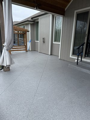 Patio flake floor 3/28/25 - This was a 450 square foot patio. The clients chose Dolerite flake. After we finished fighting the wind all day, we were all quite happy with the finished project. Patio flake floor 3/28/25 - This was a 450 square foot patio. The clients chose Dolerite flake. After we finished fighting the wind all day, we were all quite happy with the finished project.