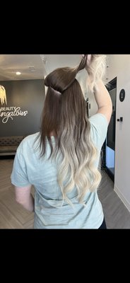 Hair extensions install and hair coloring - There are multiple methods photographed. Ktips tapeins sewins and also itips. Hair coloring was also done in these photos.