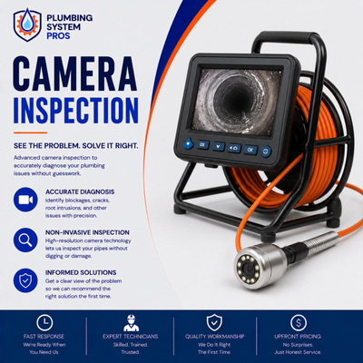Camera Inspection 🎥🔧 - At Plumbing System Pros, we use advanced camera inspection technology to take the guesswork out of plumbing diagnostics. Our high-definition sewer and drain cameras allow us to visually inspect the inside of your pipes—pinpointing blockages, cracks, root intrusions, and leaks with precision, all without unnecessary digging or disruption.

This non-invasive service gives homeowners and property managers a clear view of their plumbing system’s condition, helping identify issues before they become costly emergencies. Whether you’re experiencing slow drains, recurring clogs, or buying a new home, a camera inspection offers peace of mind and accurate answers.

🔍 Our Camera Inspection Services Help Detect:

- Broken, cracked, or collapsed pipes
- Root intrusion or buildup
- Leaks and corrosion
- Misaligned or sagging pipe sections
- Obstructions causing slow drainage

💡 Why Choose Us:

- State-of-the-art equipment
- Honest, transparent diagnostics
- Digital footage available upon request
- Free estimates & same-day service

Plumbing System Pros – We see what others can’t. Accurate inspections, honest answers, and trusted solutions for your home or business.